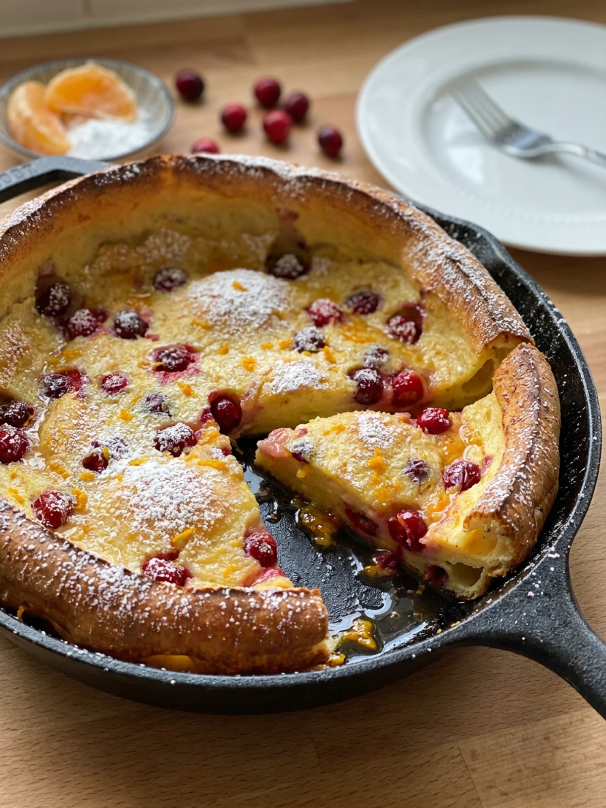 A top-down view of a golden brown, puffy pancake with cranberries in a cast-iron pan.