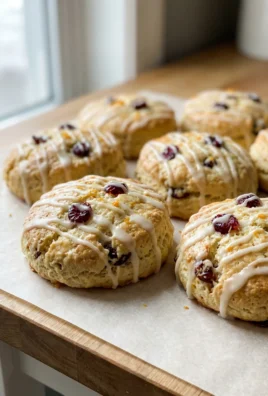 A close-up of a golden cranberry orange scone with a white glaze dripping down.