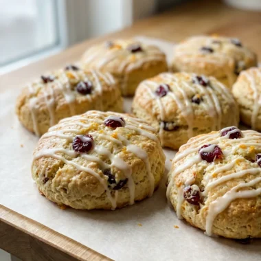 A close-up of a golden cranberry orange scone with a white glaze dripping down.
