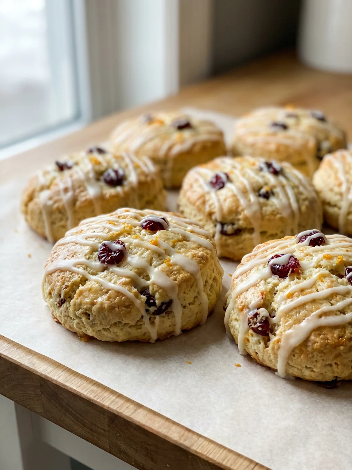 A close-up of a golden cranberry orange scone with a white glaze dripping down.