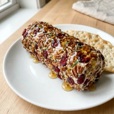 A close-up of the sliced cranberry pecan goat cheese log served with apple slices and crackers.