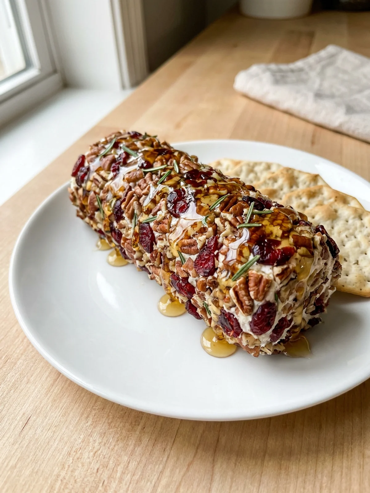 A close-up of the sliced cranberry pecan goat cheese log served with apple slices and crackers.