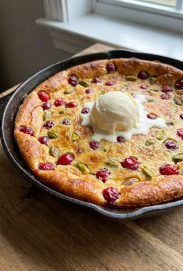 A close-up of a slice of clafoutis on a white plate, topped with melting ice cream.
