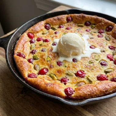 A close-up of a slice of clafoutis on a white plate, topped with melting ice cream.