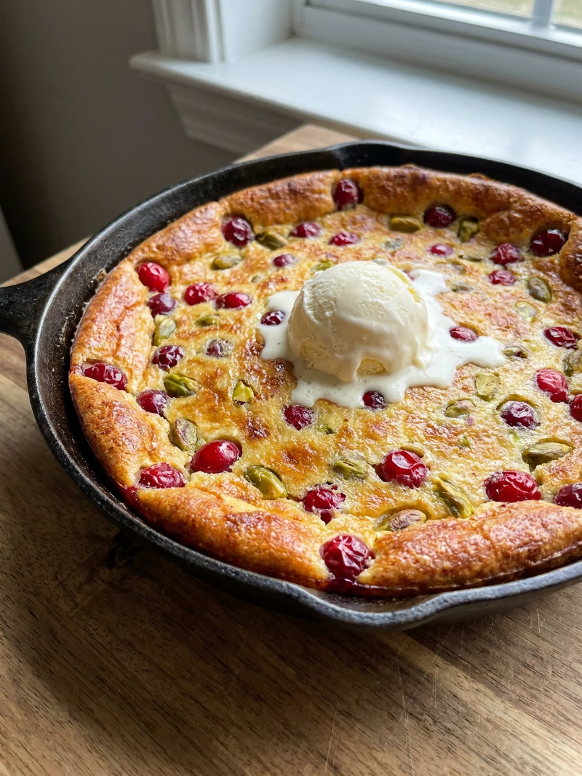 A close-up of a slice of clafoutis on a white plate, topped with melting ice cream.
