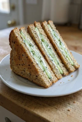 Two cream cheese and cucumber sandwiches cut into triangles on a white plate.