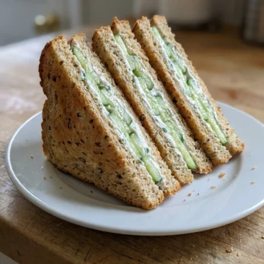 Two cream cheese and cucumber sandwiches cut into triangles on a white plate.