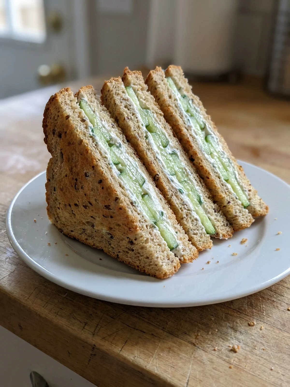 Two cream cheese and cucumber sandwiches cut into triangles on a white plate.