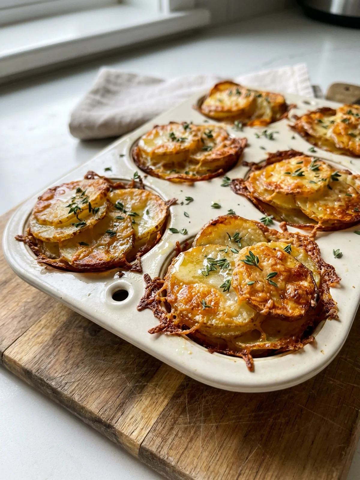 A plate with two crispy parmesan potato stacks, garnished with fresh thyme.