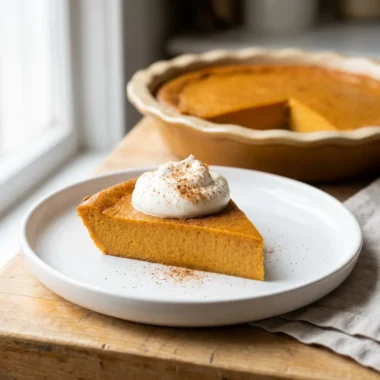 A single slice of crustless pumpkin pie on a white dessert plate.