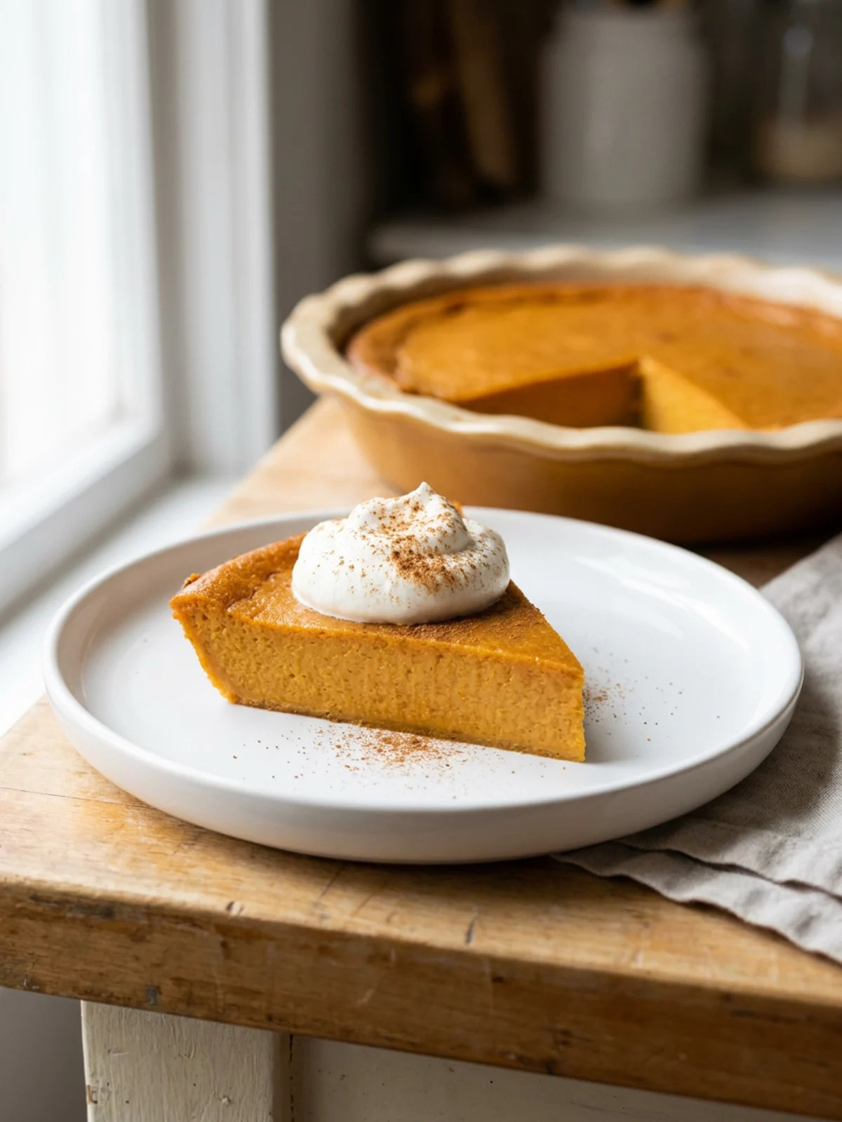 A single slice of crustless pumpkin pie on a white dessert plate.