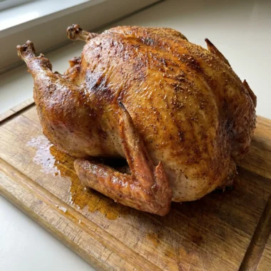 A finished dry brined roast turkey on a white platter, ready to be carved.