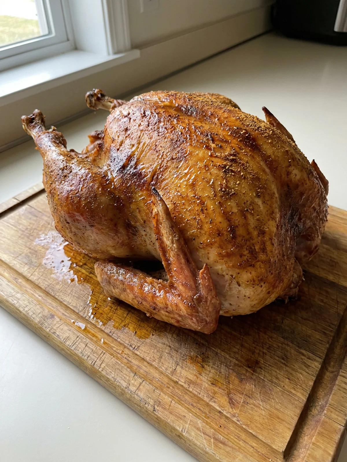 A finished dry brined roast turkey on a white platter, ready to be carved.