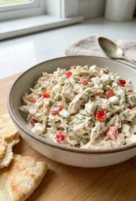 A serving bowl of feta chicken salad, showing chunks of chicken and vegetables.