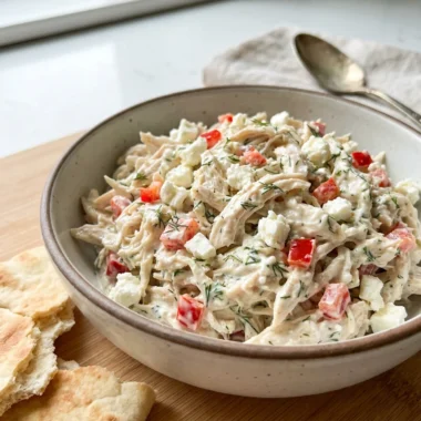 A serving bowl of feta chicken salad, showing chunks of chicken and vegetables.