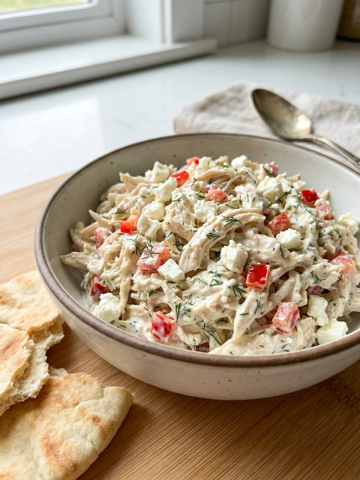 A serving bowl of feta chicken salad, showing chunks of chicken and vegetables.