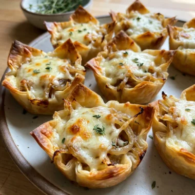 A single French onion phyllo cup held between two fingers, showing the layers of filling and cheese.