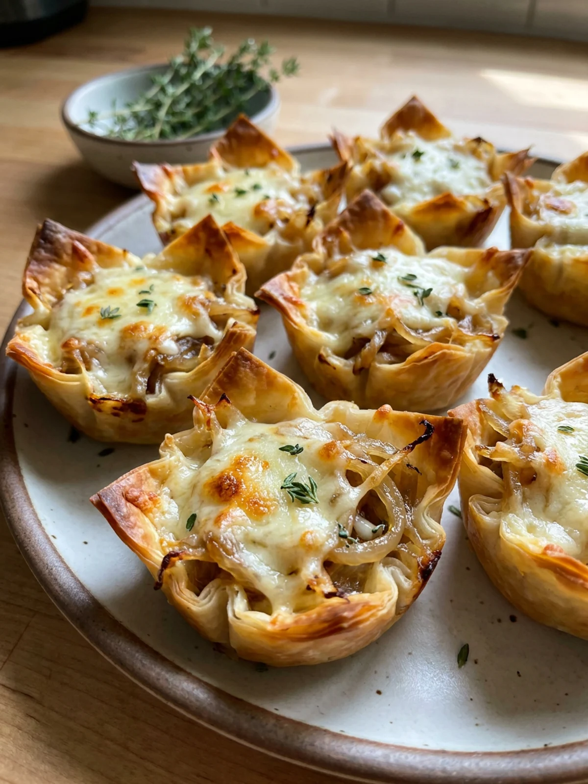 A single French onion phyllo cup held between two fingers, showing the layers of filling and cheese.