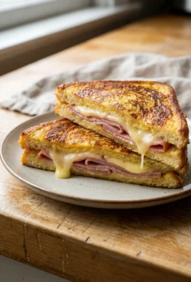 A final plated French toast sandwich with ham and cheese, sliced diagonally and stacked.