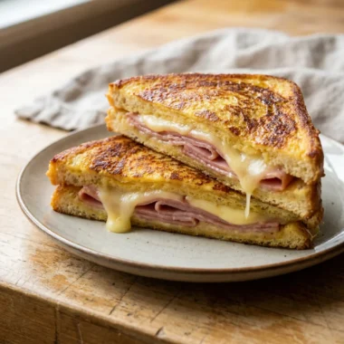A final plated French toast sandwich with ham and cheese, sliced diagonally and stacked.
