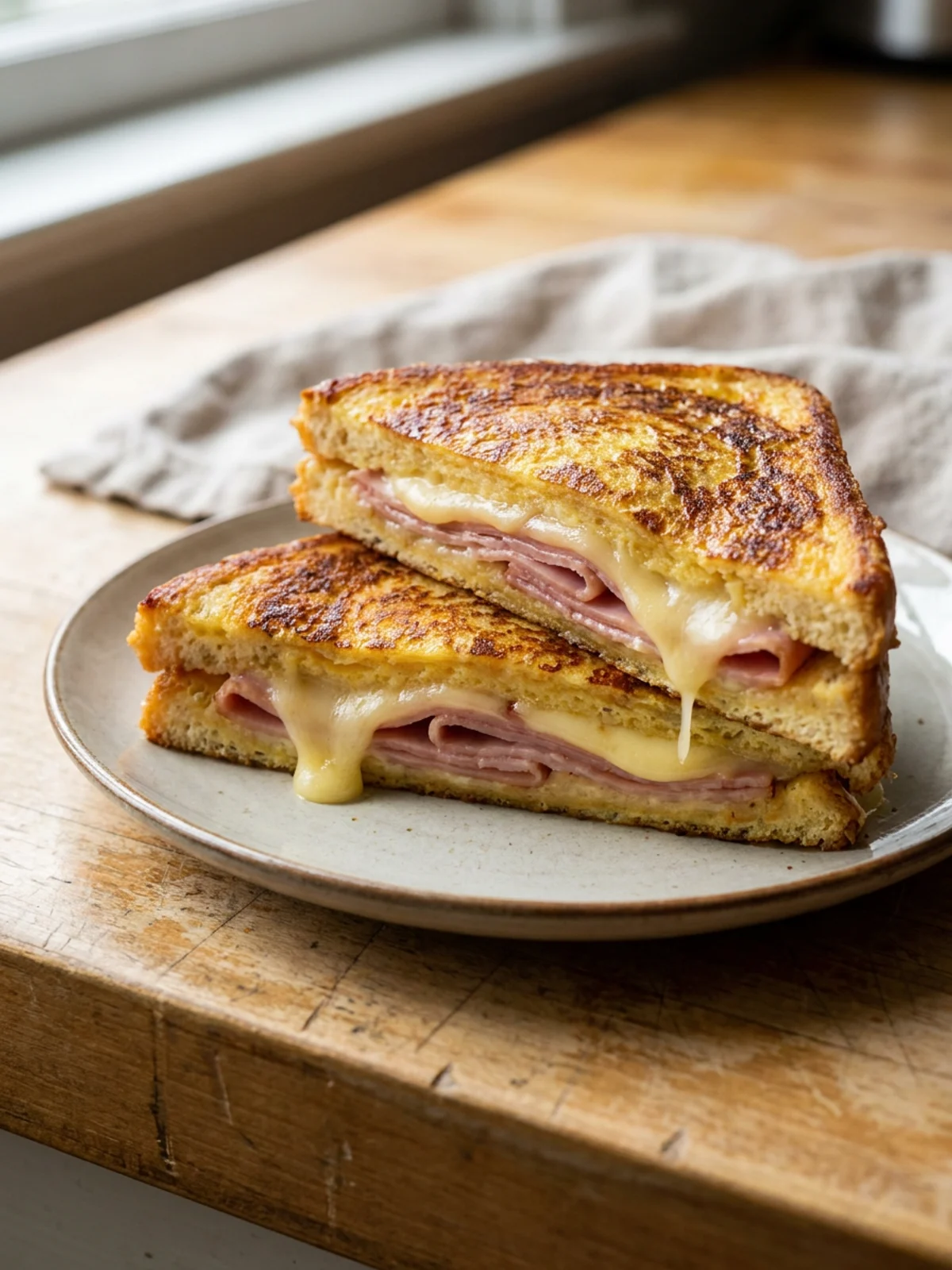 A final plated French toast sandwich with ham and cheese, sliced diagonally and stacked.