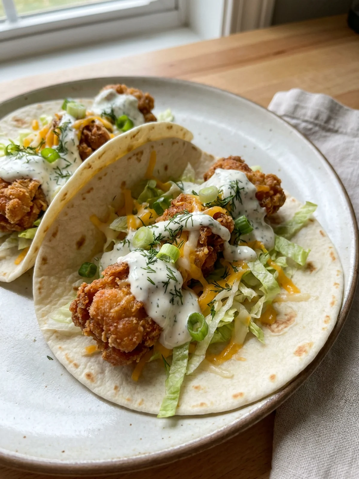 Two fried chicken tacos on a plate with lime wedges and a small bowl of ranch.