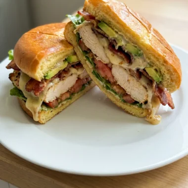 A close-up of a cut grilled chicken sandwich with visible layers.