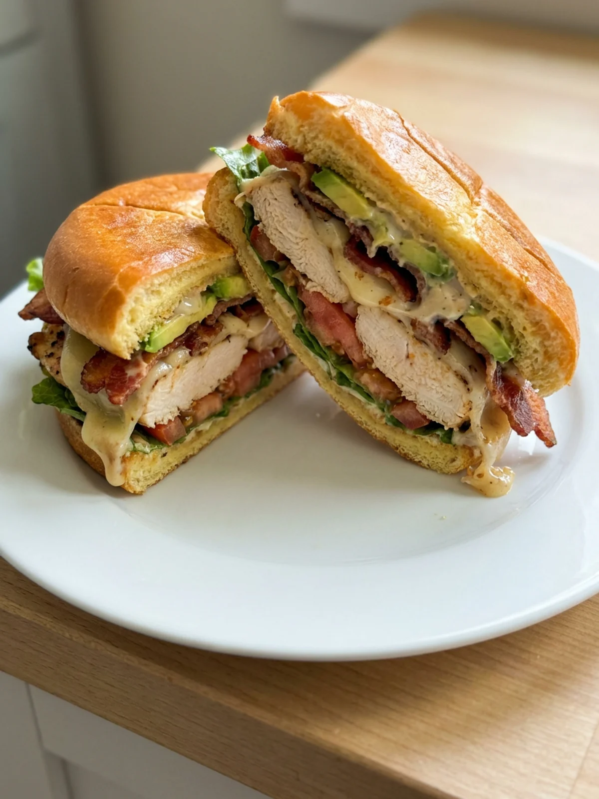 A close-up of a cut grilled chicken sandwich with visible layers.