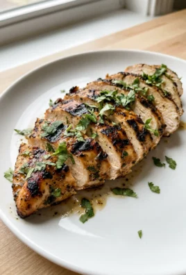 Overhead view of sliced grilled chicken with dark grill marks on a white plate.