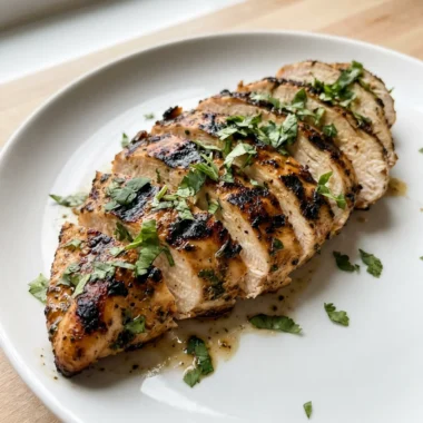 Overhead view of sliced grilled chicken with dark grill marks on a white plate.