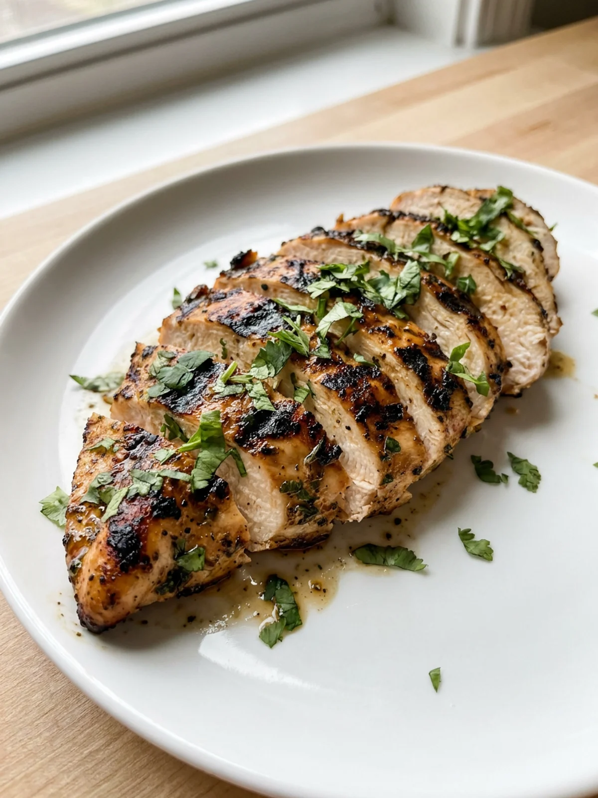 Overhead view of sliced grilled chicken with dark grill marks on a white plate.