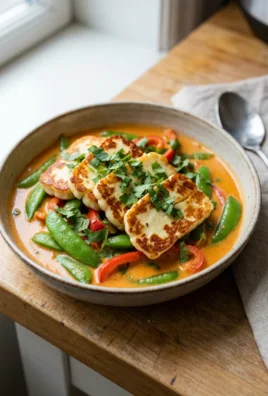 A close-up of a white bowl filled with red halloumi curry and rice.