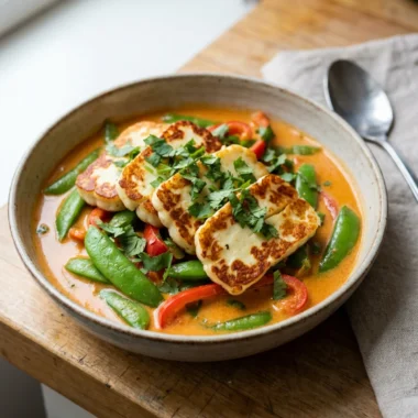 A close-up of a white bowl filled with red halloumi curry and rice.