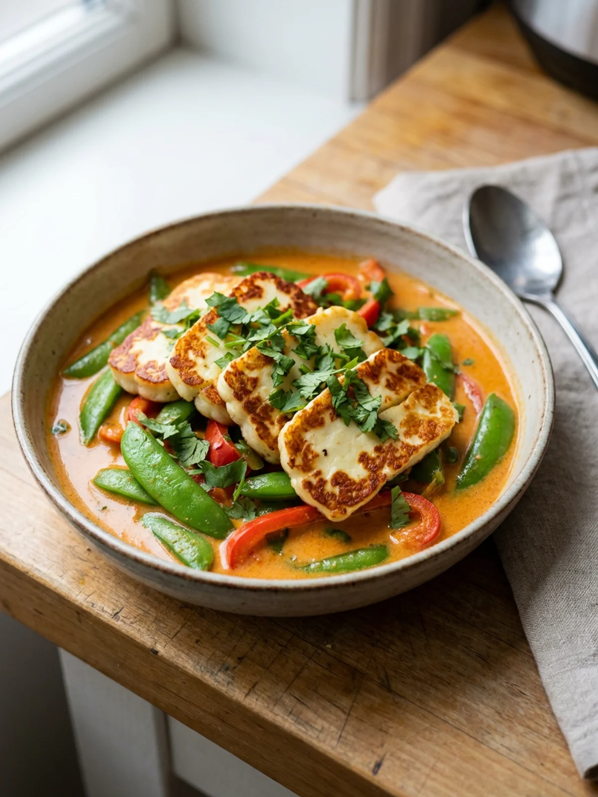 A close-up of a white bowl filled with red halloumi curry and rice.