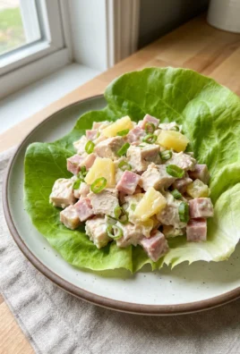 A close-up of Hawaiian chicken salad served on a croissant sandwich.