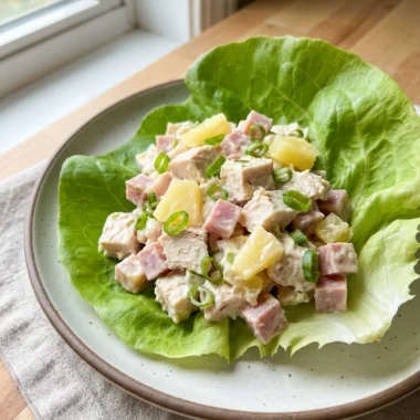 A close-up of Hawaiian chicken salad served on a croissant sandwich.