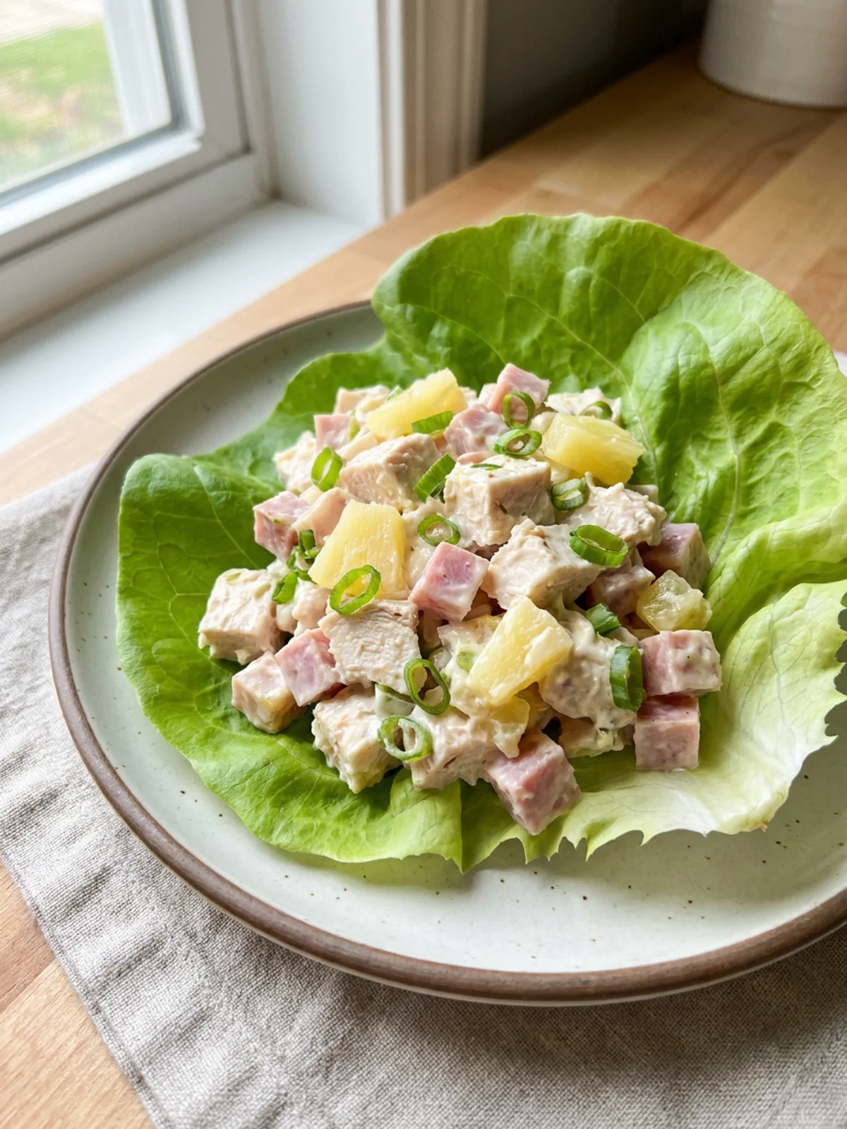 A close-up of Hawaiian chicken salad served on a croissant sandwich.