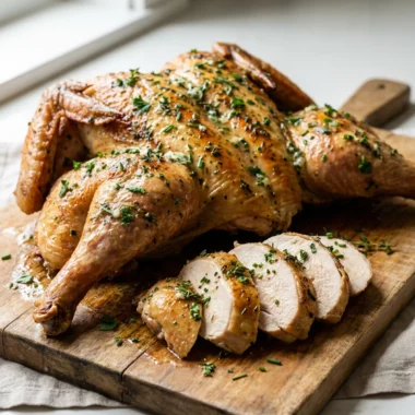 Close-up of the crispy, golden skin on the finished herb butter spatchcock turkey.