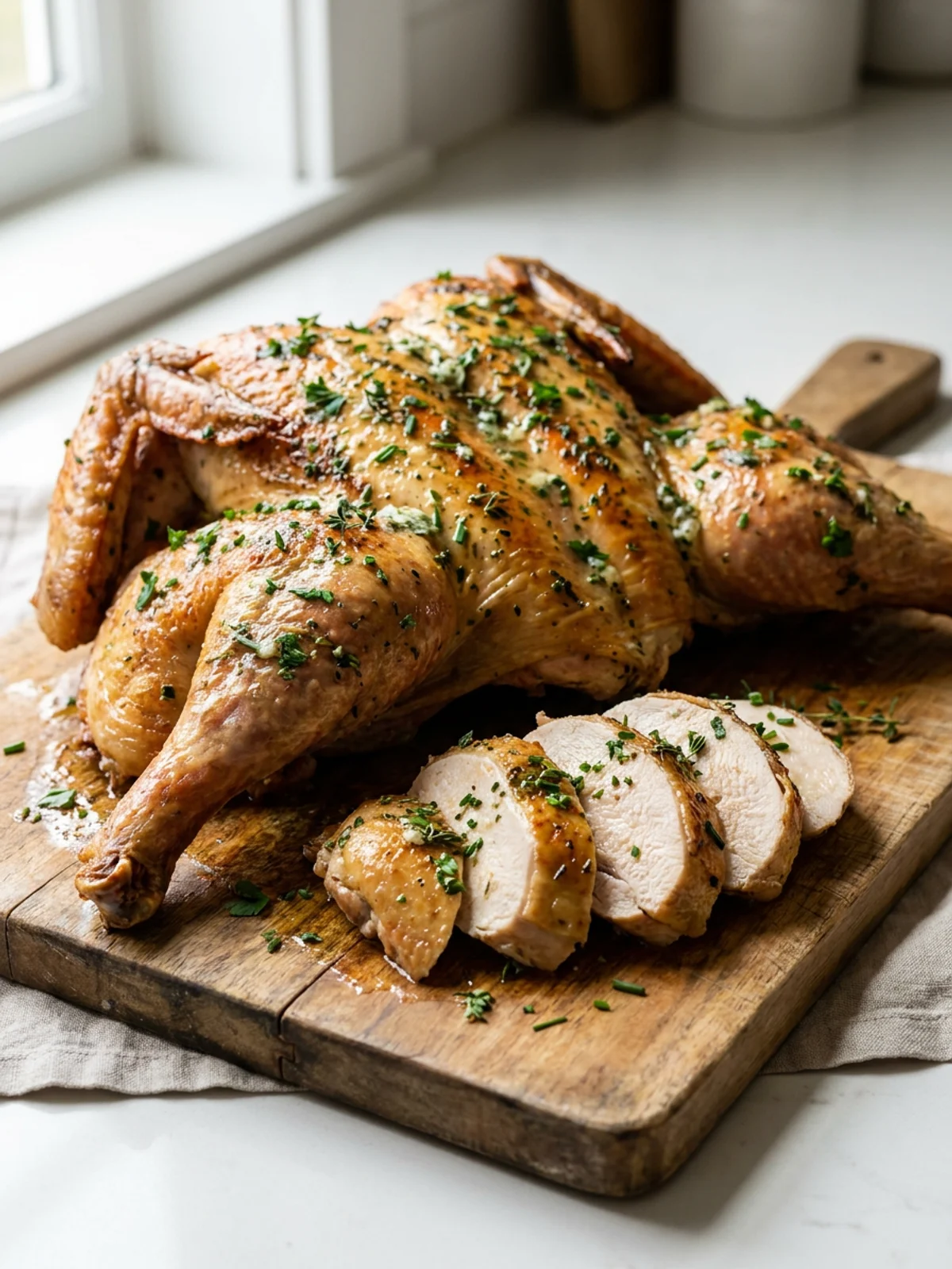 Close-up of the crispy, golden skin on the finished herb butter spatchcock turkey.
