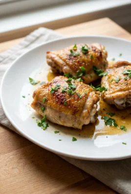 A close-up of a cooked chicken thigh with crispy skin on a white plate.