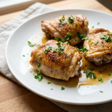 A close-up of a cooked chicken thigh with crispy skin on a white plate.