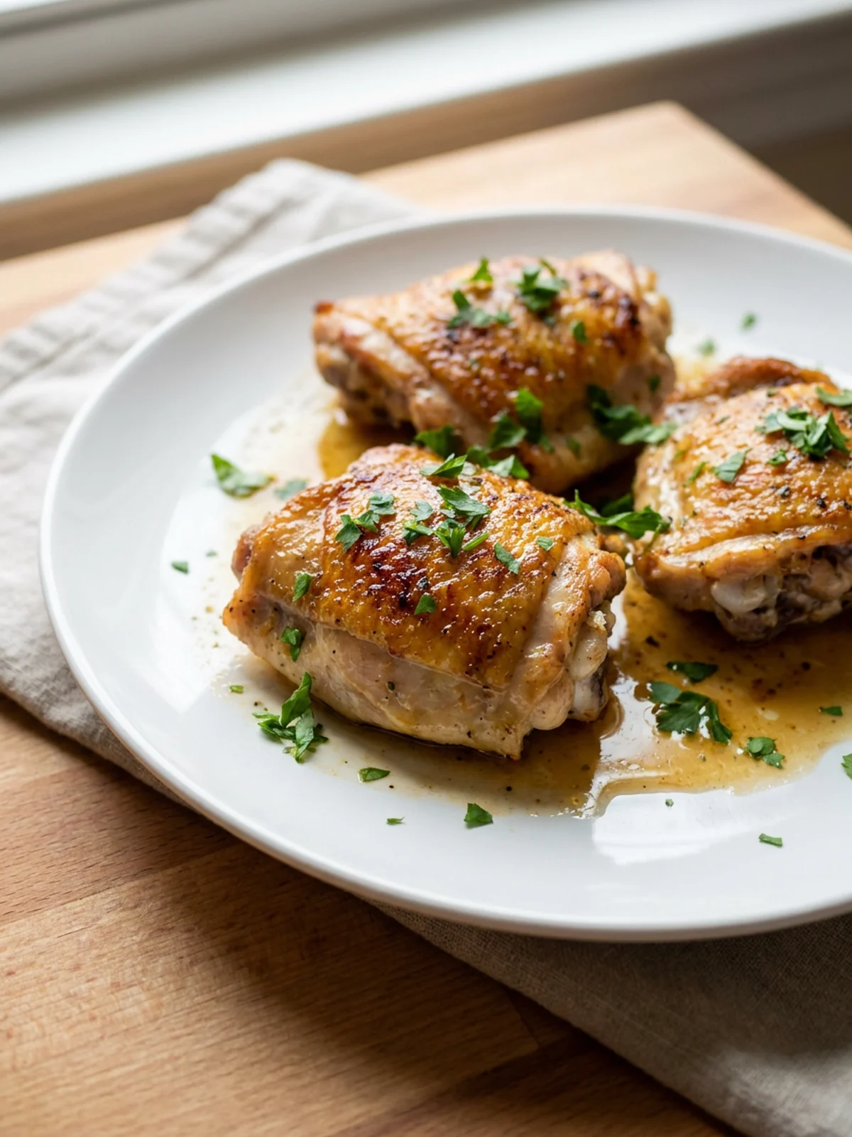 A close-up of a cooked chicken thigh with crispy skin on a white plate.