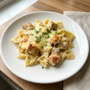 A 9x9 glass baking dish of Italian chicken casserole fresh from the oven.