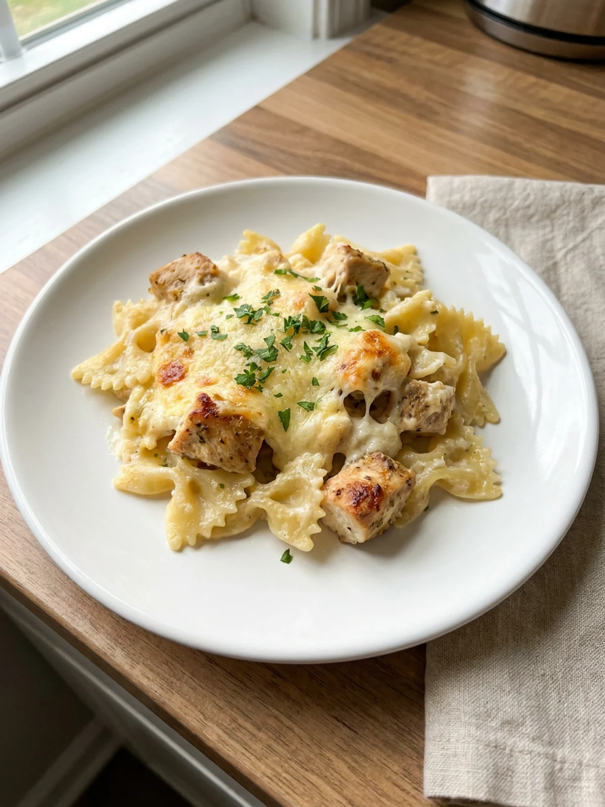 A 9x9 glass baking dish of Italian chicken casserole fresh from the oven.