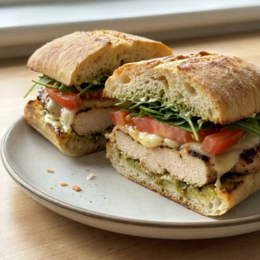 A close-up of a finished Italian chicken sandwich showing all the delicious layers.
