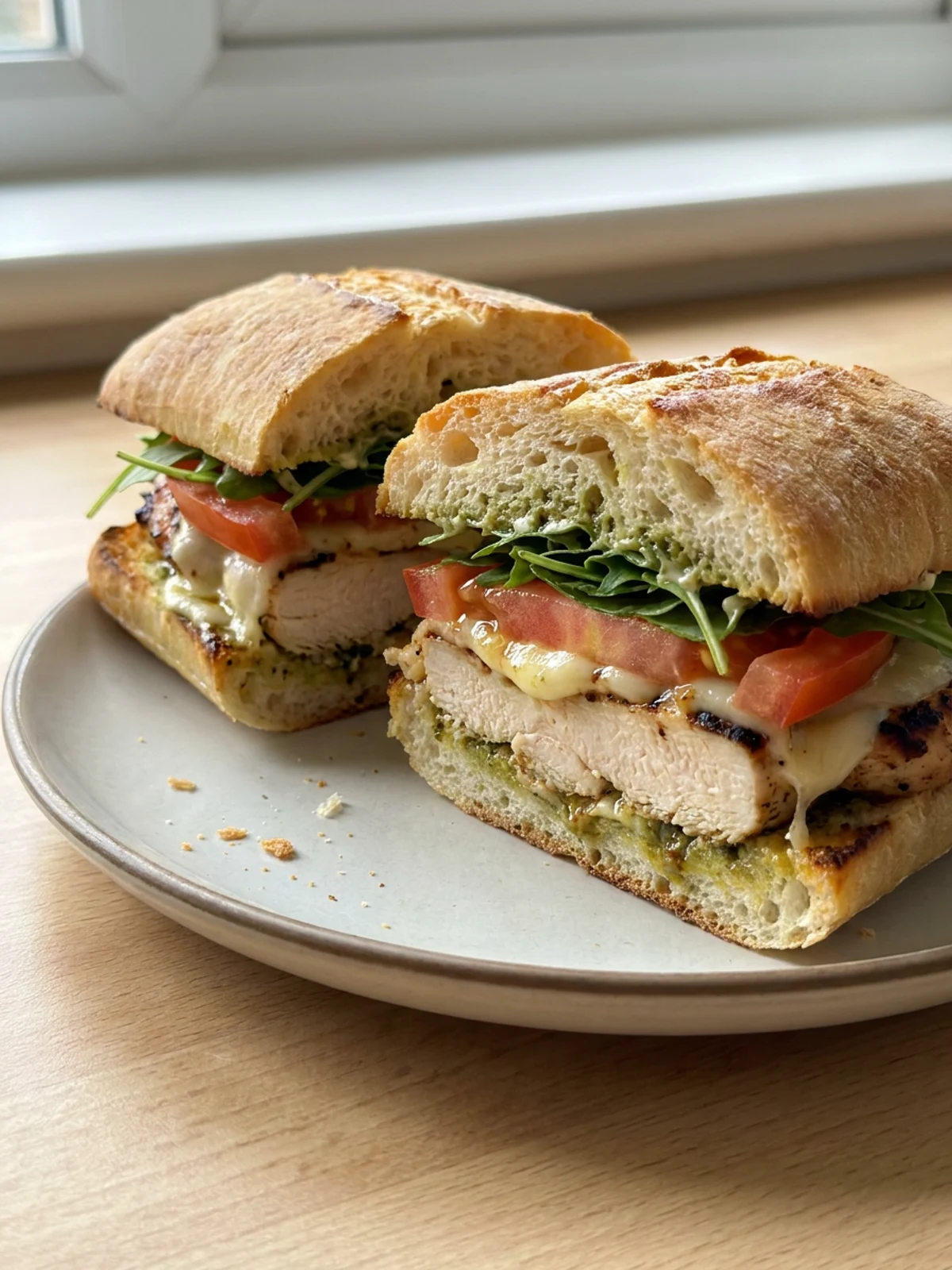 A close-up of a finished Italian chicken sandwich showing all the delicious layers.