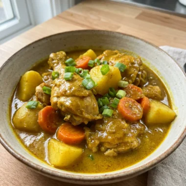 A close-up shot of a bowl of Jamaican curry chicken garnished with fresh herbs.