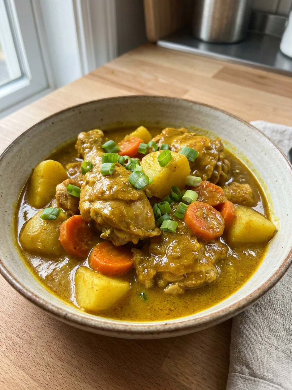A close-up shot of a bowl of Jamaican curry chicken garnished with fresh herbs.