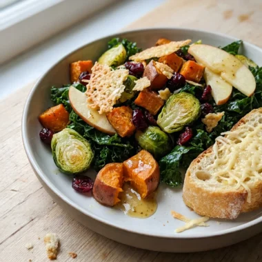 A close-up shot of the finished kale salad in a white bowl, showing all the colorful ingredients.