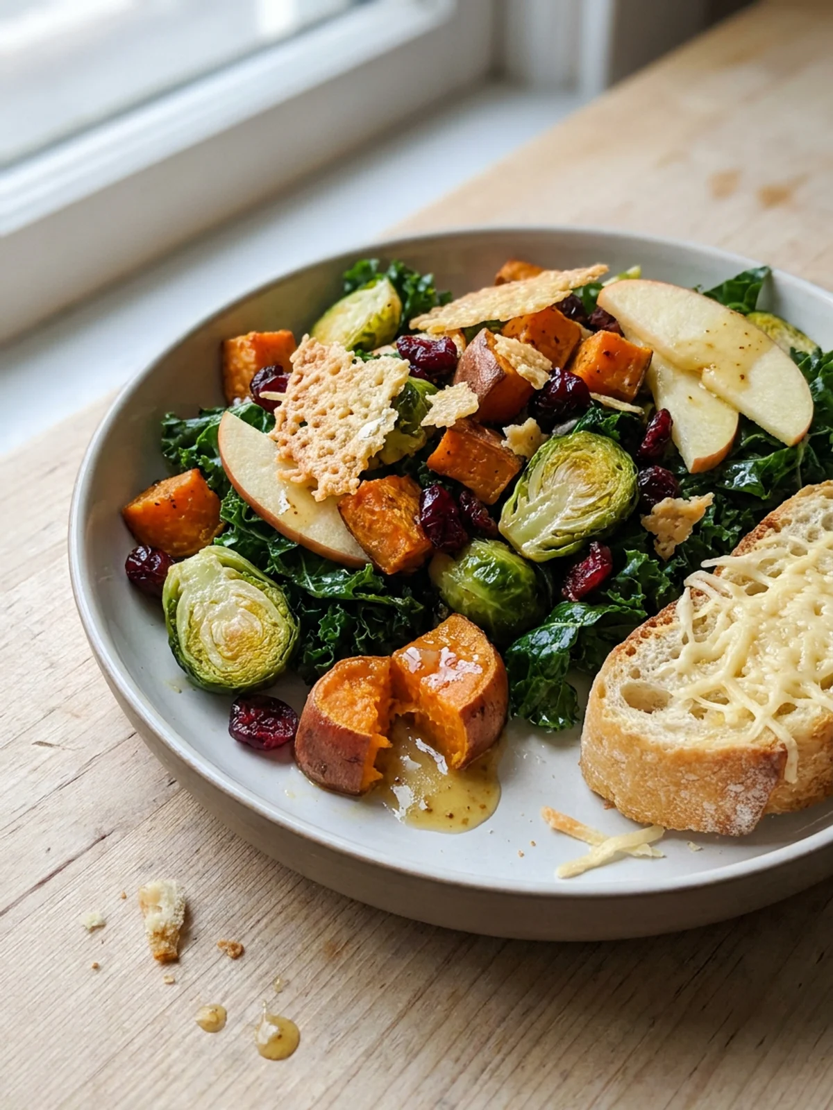 A close-up shot of the finished kale salad in a white bowl, showing all the colorful ingredients.